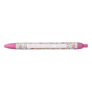 Stylo Noir Mariage floral rose personnalisé Favoriser