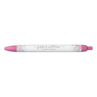 Stylo Noir Moderne Chic Aquarelle Bleu Hydrangée Florale
