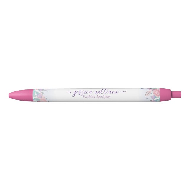 Stylo Noir Moderne Chic Aquarelle Bleu Hydrangée Florale (Devant)