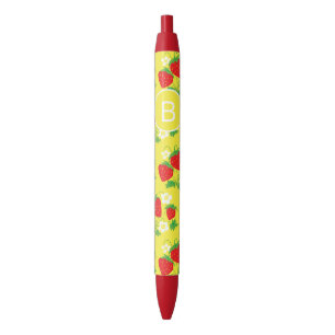 Stylo Noir Monogramme à motif jaune de fraise et de fleur
