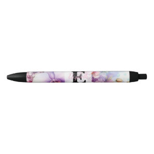 Stylo Noir Monogramme aquarelle florale fleurs d'orchidée ros