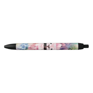 Stylo Noir Monogramme aquarelle florale hortensia rose