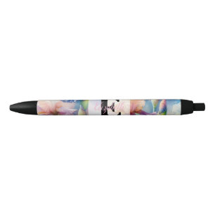 Stylo Noir Monogramme aquarelle florale iris fleurs violettes