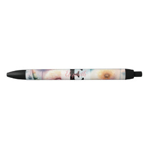 Stylo Noir Monogramme aquarelle florale pissenlits roses bleu