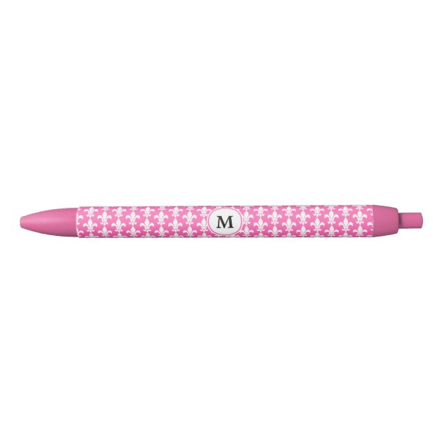 Stylo Noir Monogramme Blanc et rose chaud Fleur de Lis Motif (Devant)
