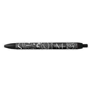 Stylo Noir Monogramme damas abstrait tourbillons noir blanc g