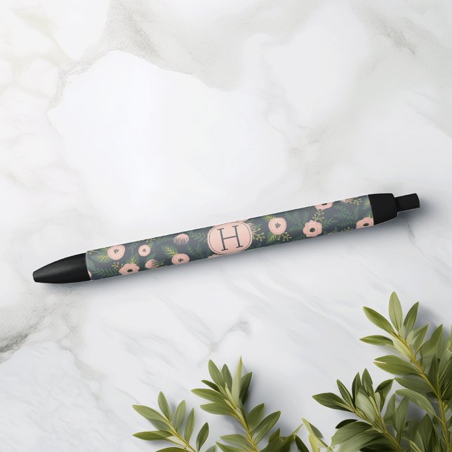 Stylo Noir Monogramme de fleurs de minuit (Créateur téléchargé)