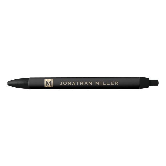 Stylo Noir Monogramme de luxe personnalisé avec nom d'or (Devant)