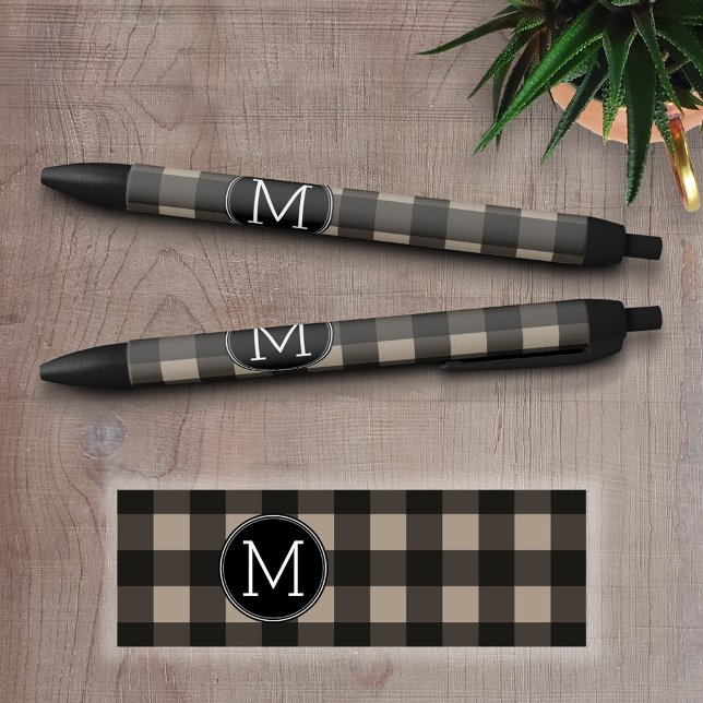 Stylo Noir Monogramme de Motif de bison noir de lin rustique (Personalized Writing Pens)