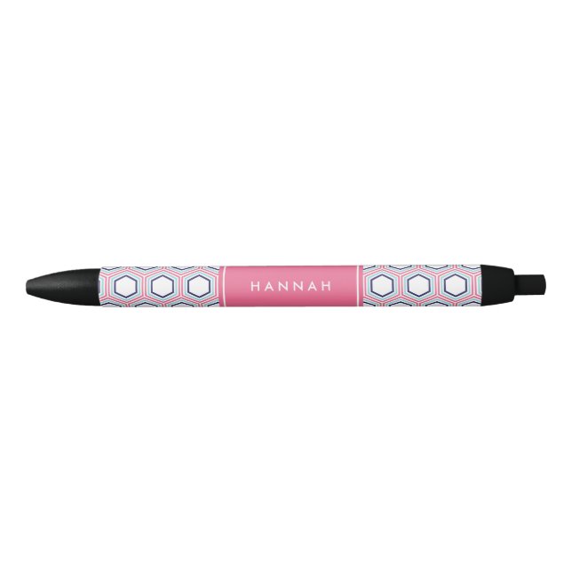 Stylo Noir Monogramme de Motif géométrique rose (Devant)