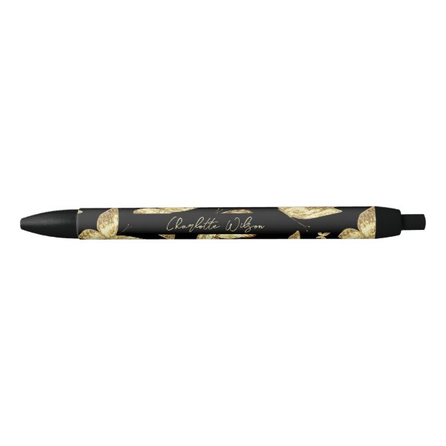 Stylo Noir Monogramme de nom de script papillon or élégant do (Devant)