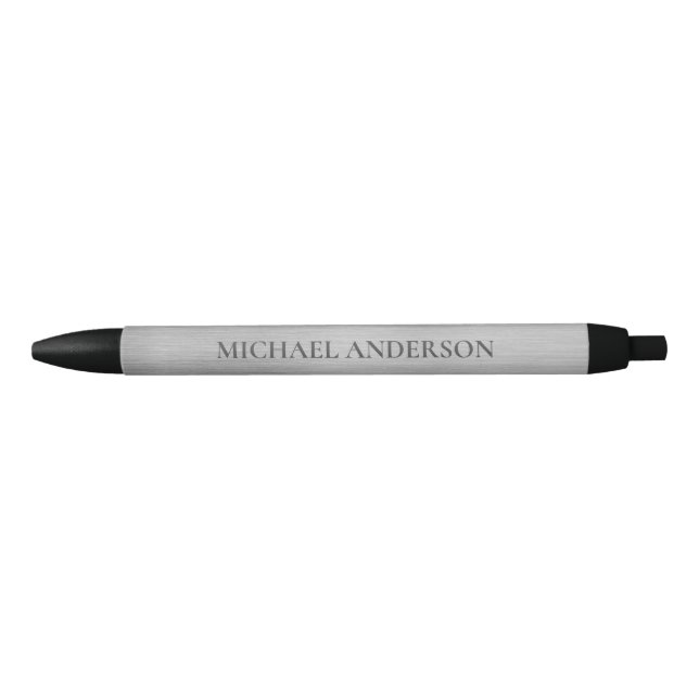 Stylo Noir Monogramme de nom en métal brossé argenté moderne (Devant)