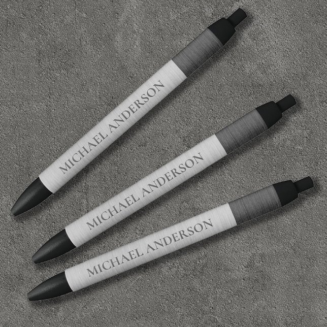 Stylo Noir Monogramme de nom en métal brossé argenté moderne (Sophisticated silver and grey brushed metal pens. Personalize them with your name!)