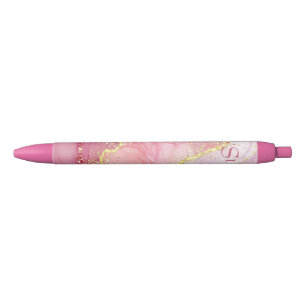 Stylo Noir Monogramme de Parties scintillant de marbre rose o