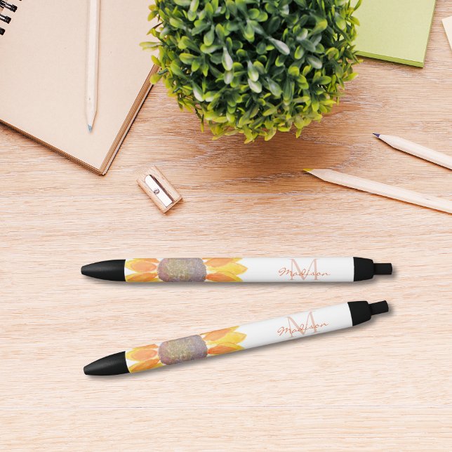 Stylo Noir Monogramme de tournesol (Créateur téléchargé)