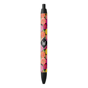 Stylo Noir Monogramme de Zinnias d'été floral rétro