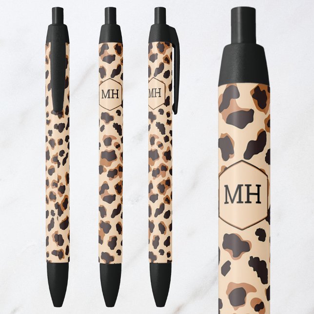 Stylo Noir Monogramme Empreinte de léopard Brown animal noir  (Monogram Leopard Print Brown Black Animal Pattern Pen)