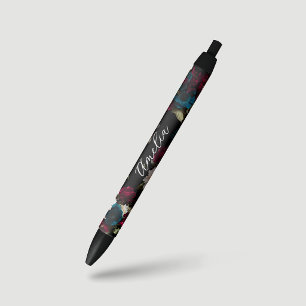 Stylo Noir Monogramme Fleur Élégant Turquoise Foncé Rouge