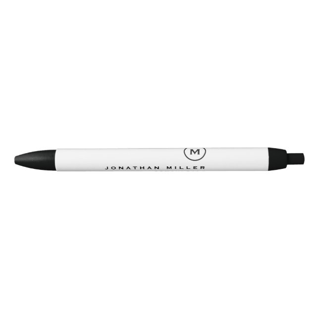 Stylo Noir Monogramme minimaliste noir blanc classique (Devant)