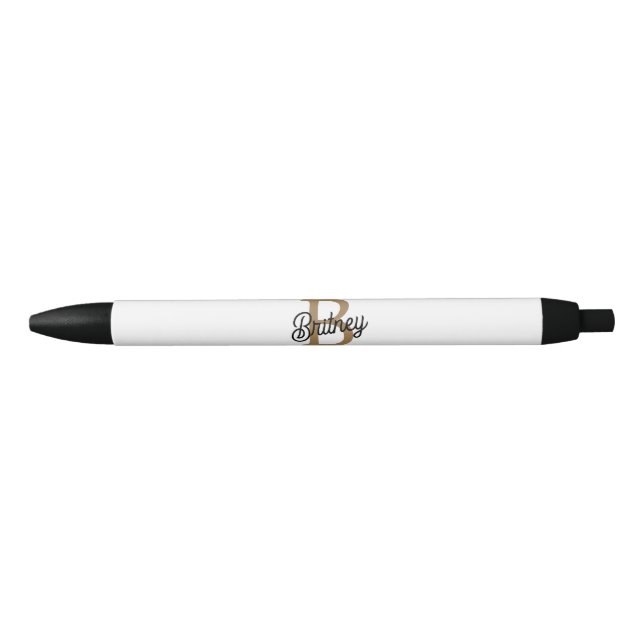 Stylo Noir Monogramme moderne élégant Nom Black Gold Script (Devant)