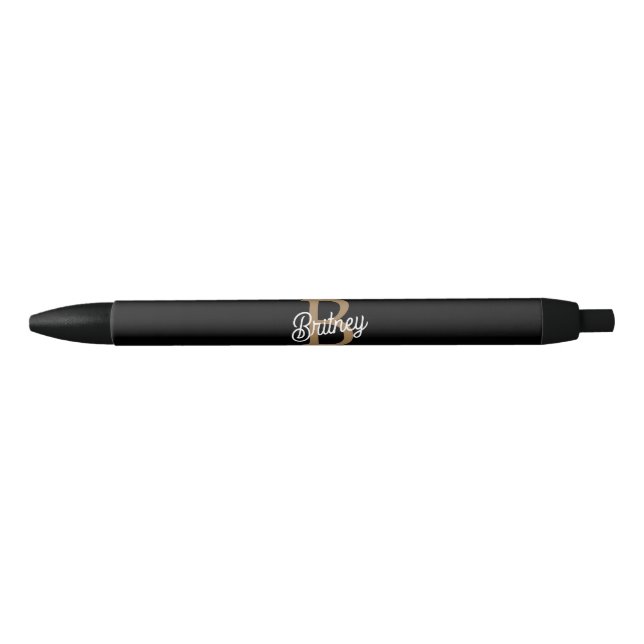 Stylo Noir Monogramme moderne élégant Nom Black Gold Script (Devant)