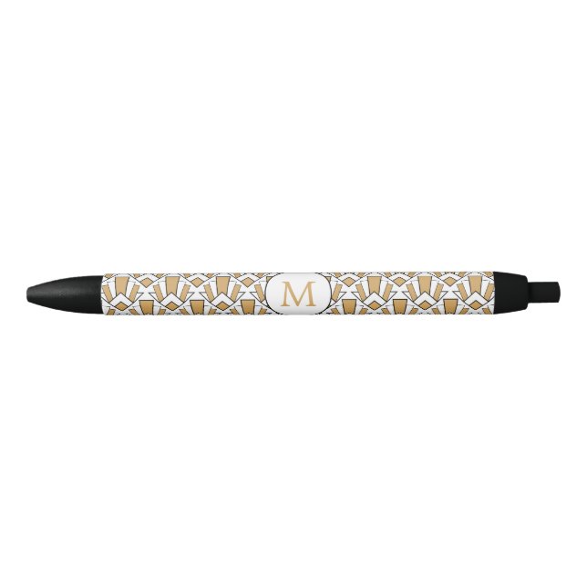 Stylo Noir Monogramme Or, Noir, Blanc Fleurs Ventilateurs Art (Devant)
