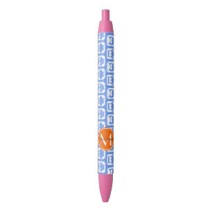 Stylo Noir Monogramme orange Nom personnalisé Chouettes bleue