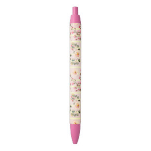 Stylo Noir Motif à rayures florales rose pâle