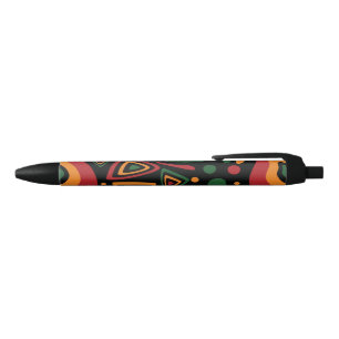 Stylo Noir Motif Abstrait de Formes Tribales en Rouge, Or, Ve
