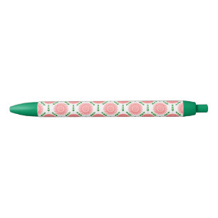 Stylo Noir motif aux fleurs roses