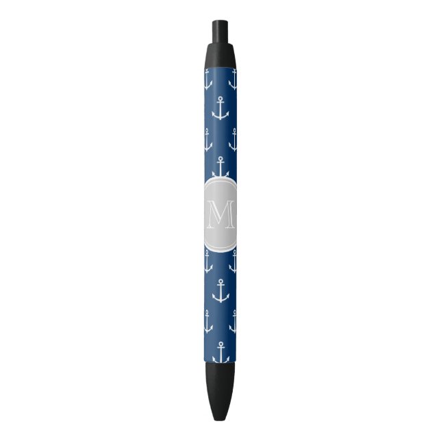 Stylo Noir Motif blanc d'Ancres de bleu marine, monogramme (devant Vertical)
