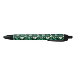 Stylo Noir Motif chanceux vert-foncé de shamrock de St