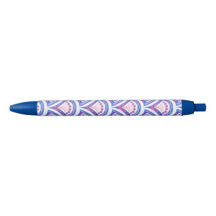 Stylo Noir motif damassé floral bleu