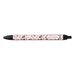 Stylo Noir Motif de cerisier rose doux   Monogramme