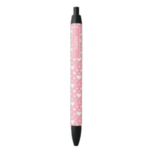 Stylo Noir Motif de cœur blanc sur fond rose avec nom personn