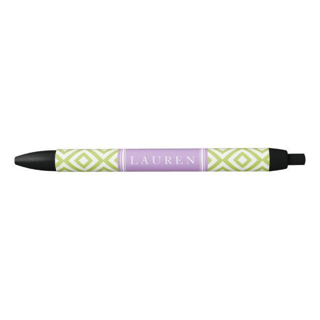 Stylo Noir Motif de diamants verts et de lavande personnalisé (Devant)