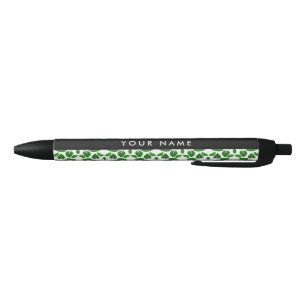 Stylo Noir Motif de feuille, feuilles vertes, votre nom