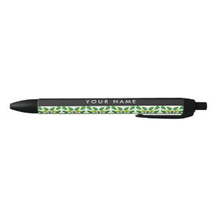 Stylo Noir Motif de feuille, feuilles vertes, votre nom