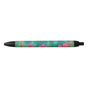 Stylo Noir Motif de feuilles de palmier et d'hibiscus tropica