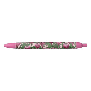 Stylo Noir Motif de fleur de coeur à saignement rose