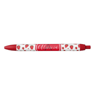 Stylo Noir Motif de fraises Rouge Nom blanc initial