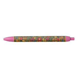 Stylo Noir Motif de jardin botanique antique vibrant