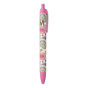 Stylo Noir Motif de monogramme bohème fille rose paisley