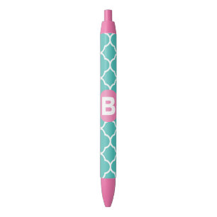 Stylo Noir Motif de quatrefeuilles sarcelle avec monogramme r