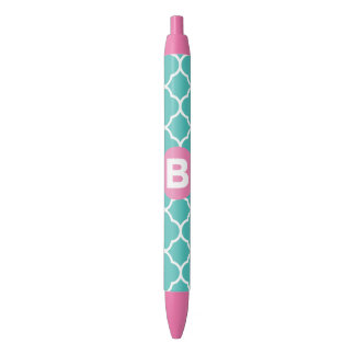 Stylo Noir Motif de quatrefeuilles sarcelle avec monogramme r