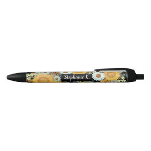 Stylo Noir Motif de tournesol floral Monogramme