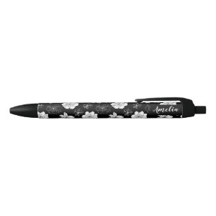 Stylo Noir Motif floral noir et blanc Monogramme