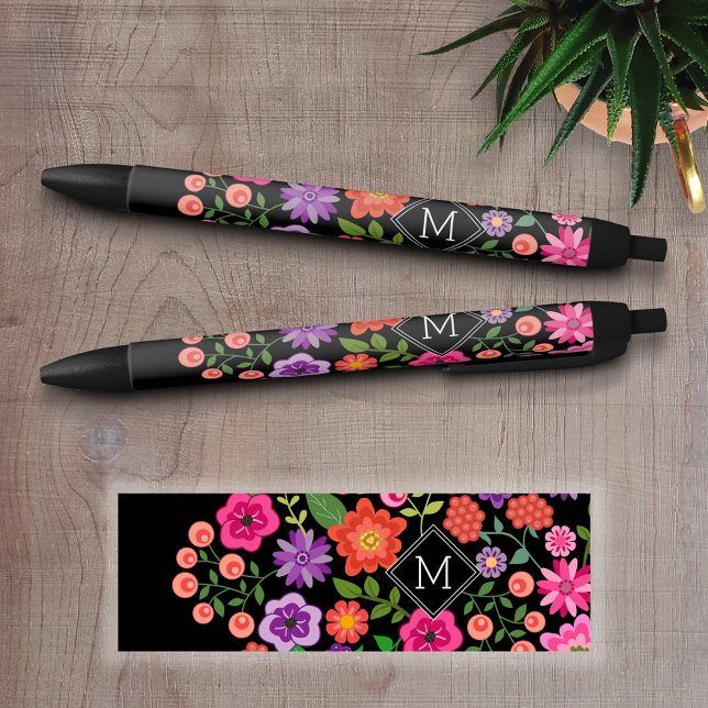 Stylo Noir Motif floral noir tendance avec Monogramme personn (Personalized Writing Pens - add your name, monogram or other text)