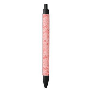 Stylo Noir Motif floral tropical rouge corail