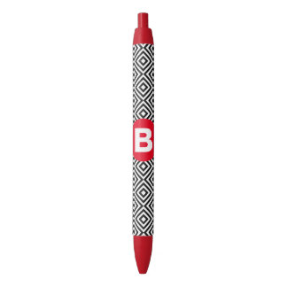 Stylo Noir Motif géométrique noir et blanc Monogramme rouge